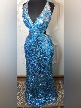 Aqua Sequin Cutout Evening Gown Size 10